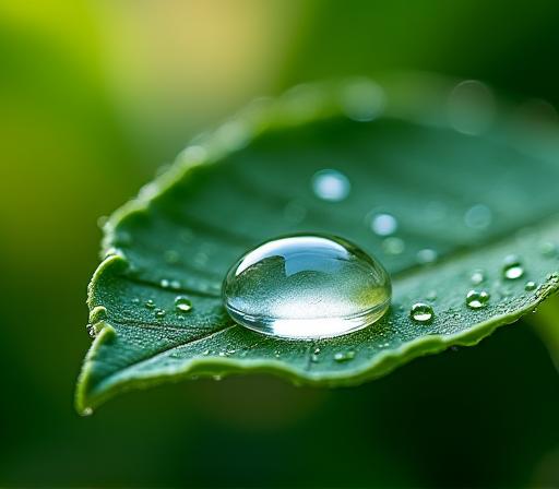 A green leaf with a water droplet, symbolizing clean and natural solutions.