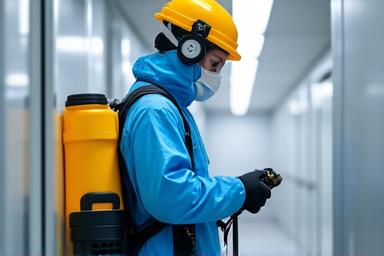 A professional in protective gear performing disinfection services.